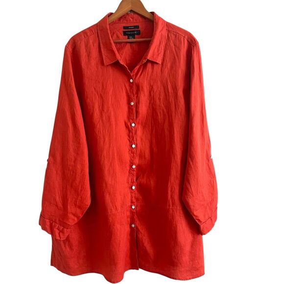 Tahari Tops - Tahari Linen Button Up Tunic Top Sz 3X Orange Lagenlook Lagom Long Sleeve Boho